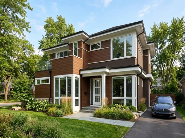 Modern exterior in BM Silhouette espresso brown tone with white windows, AI color preview