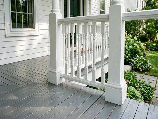 Front porch with mid-gray floor and white railings, AI color preview