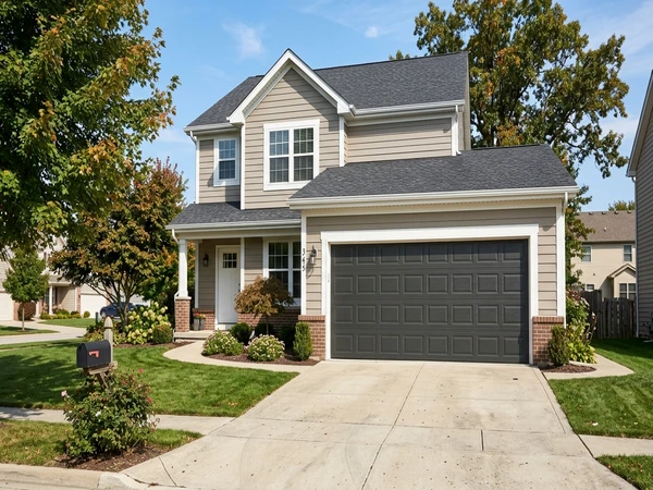 Garage door in charcoal, AI color preview on warm light exterior