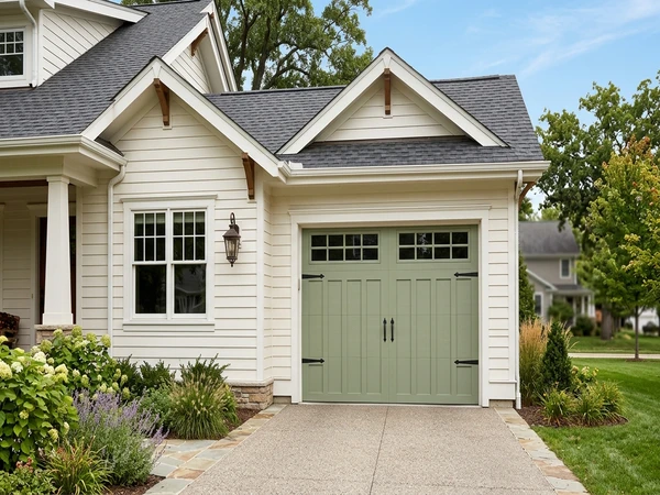 Garage door in sage green, AI color preview on warm white wall