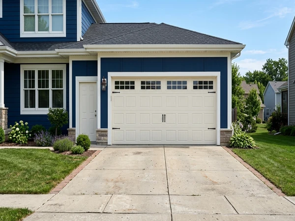 Garage door in soft white, AI color preview on saturated facade