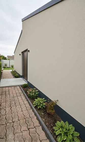Hausfassade Greige mit Anthrazit-Sockel Vorher Nachher