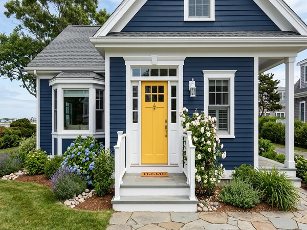 Coastal home, AI color preview pairing navy body with yellow accent door