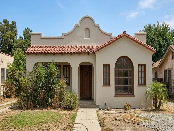 Spanish Mission stucco facade in BM Stone House warm greige, AI colour preview