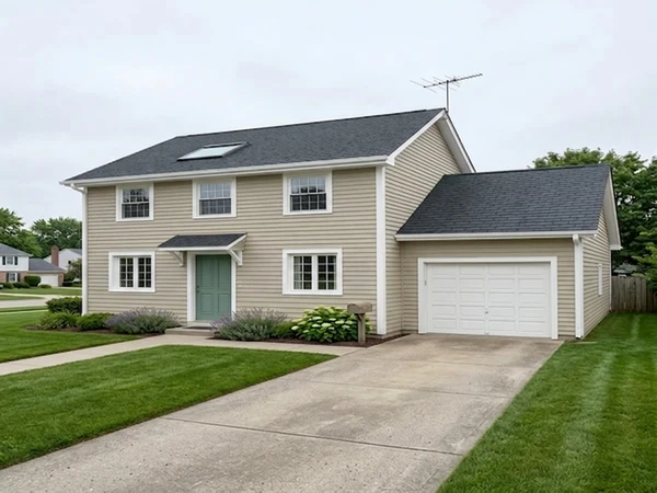 Exterior wall in BM Revere Pewter warm greige tone, AI color preview